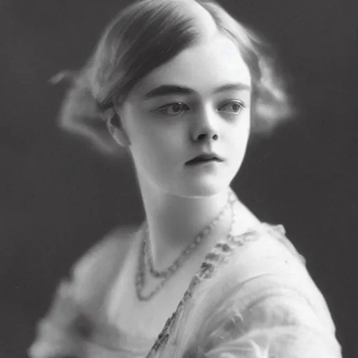 Image similar to Edwardian photograph of Elle Fanning, 1910s, 1900s, 1920s, grainy, detailed