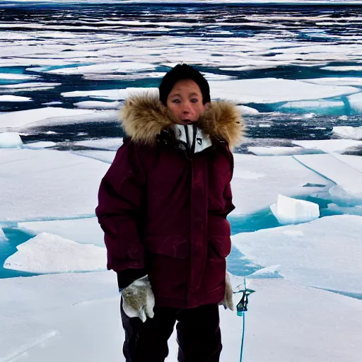 Image similar to portrait of an eskimo standing on ice in the arctic tundra littered with plastics