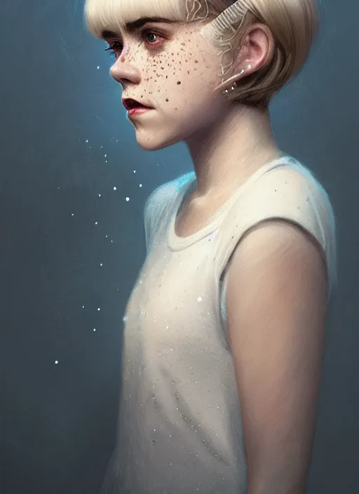 Image similar to portrait of kiernan shipka with freckles, white hair, 1 9 6 0 s bob hairstyle with bangs and hairband, intricate, elegant, glowing lights, highly detailed, digital painting, artstation, concept art, smooth, sharp focus, illustration, art by wlop, mars ravelo and greg rutkowski