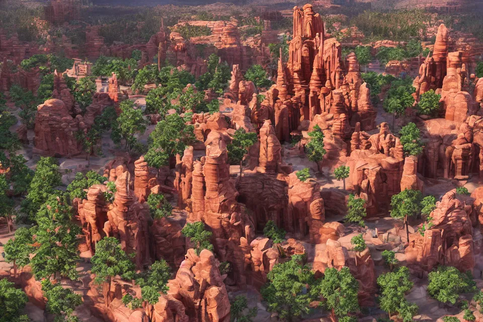 Image similar to aerial view, beautiful temple complex of sandstone and jade, built in red rock canyon, a fusion of star wars and gothic revival architecture, natural volumetric lighting, realistic high detail 4k render