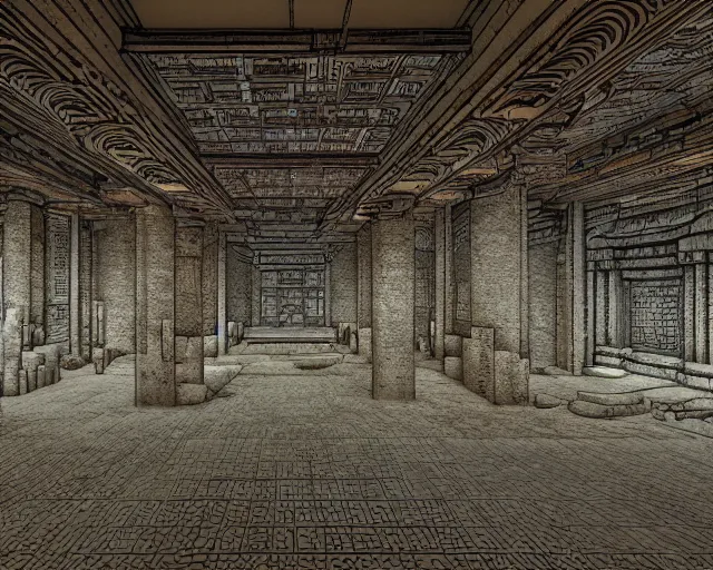 Image similar to interior of a long forgotten asian temple, pixel art, brutalism, art by dan mumford, volumetric lighting, 8 k