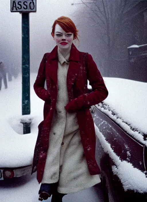 Image similar to emma stone getting out of taxi in winter, faded color film, russian cinema, tarkovsky, kodachrome, old clothing, heavy fog, 4 k, dramatic lighting, greg rutkowski