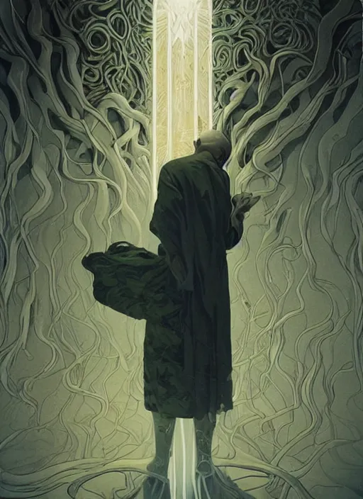 Prompt: poster artwork by Michael Whelan and Tomer Hanuka, Karol Bak of A warped understanding of the wake of its last pained memory, yet quite raw like that same wound that holy water never closed up, from scene from Twin Peaks, clean, simple illustration, nostalgic, domestic, full of details