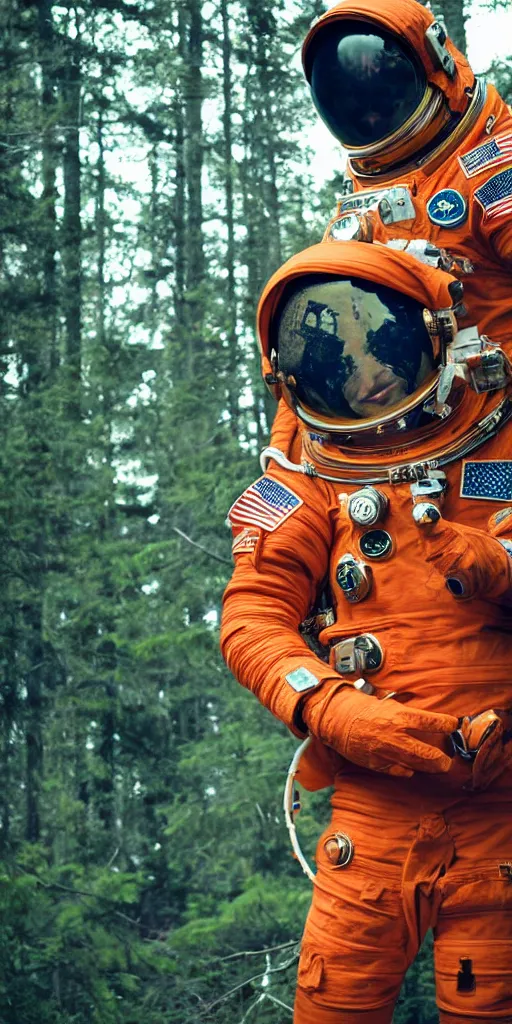 Image similar to american astronaut in orange suite, in the forest plants environment wide angle cinematic lighting atmospheric realistic octane render highly detailed in th