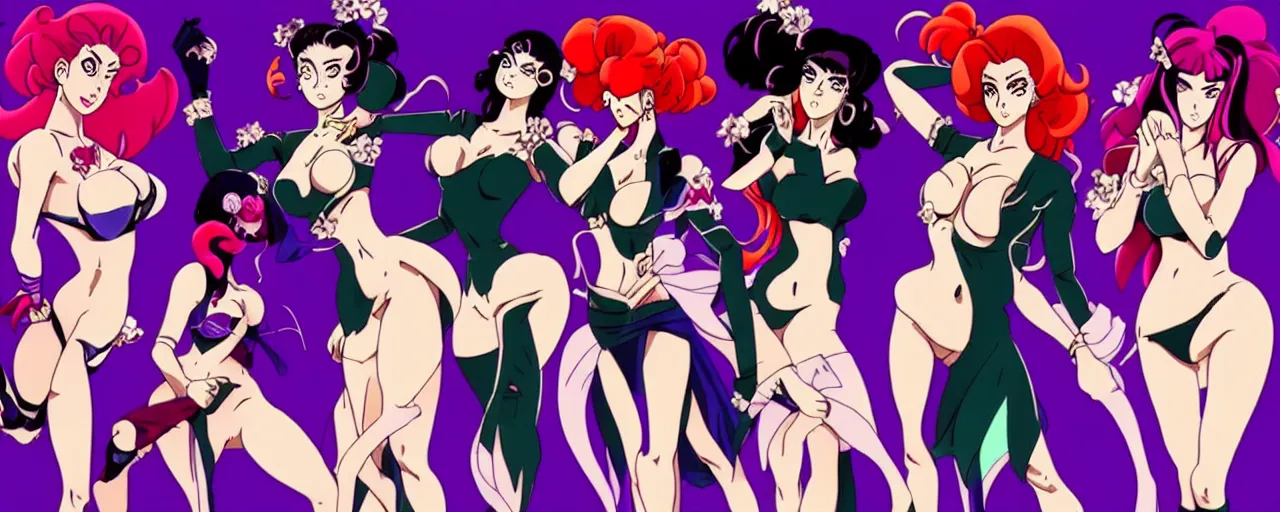 Image similar to Beautiful seductive women in the style of JoJo’s bizarre adventure. Award winning. Cel animation