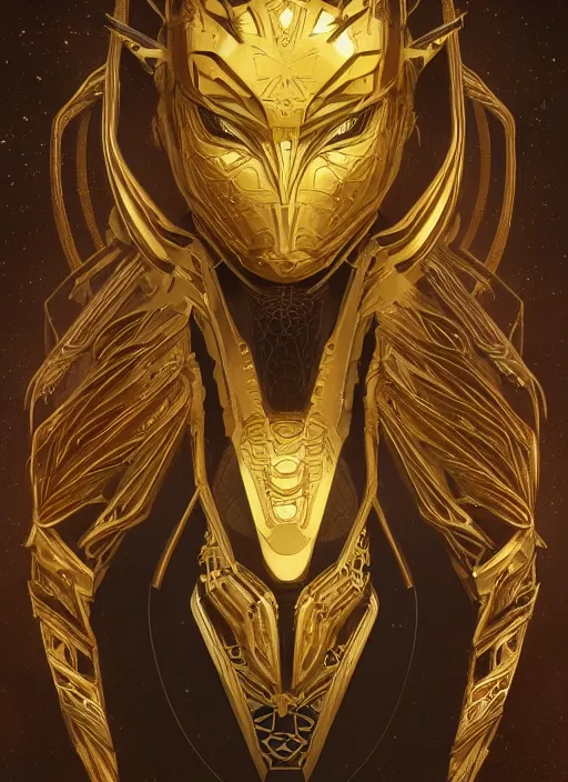 Image similar to symmetry!! portrait of gold alien in the style of horizon zero dawn, machine face, intricate, elegant, highly detailed, digital painting, artstation, concept art, smooth, sharp focus, illustration, art by artgerm and greg rutkowski and alphonse mucha, 8 k