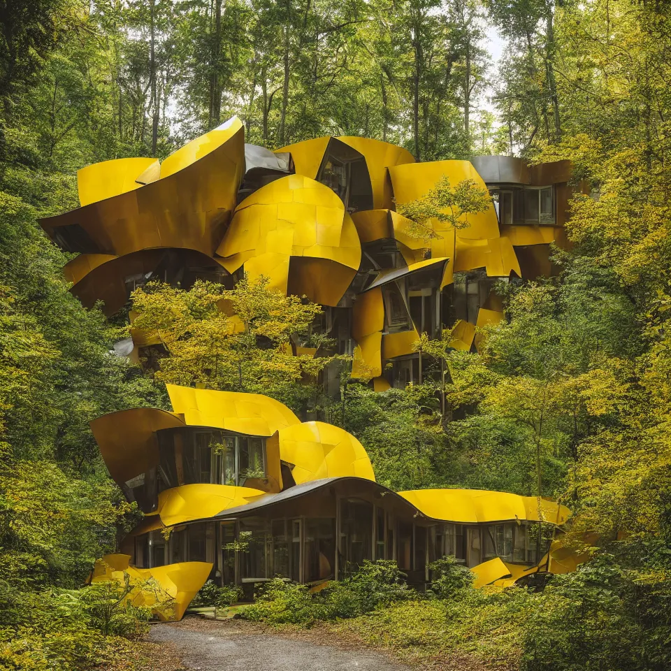Prompt: a leveled house in a forest, designed by Frank Gehry. Tiles. Gravel pathway with parking. Film grain, cinematic, yellow hue