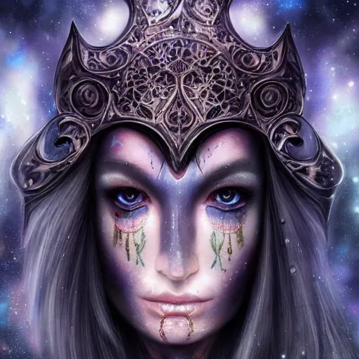 Image similar to an Artstation 3d render of Very very very very highly detailed beautiful mystic head of a phantom warrior with galaxy, tattoos by Artstation, intricate, extremely detailed, digital painting, artstation, concept art, smooth, sharp focus, illustration, intimidating lighting, incredible art,