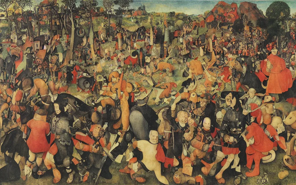 Image similar to artwork by Albrecht Altdorfer, Hans-Joachim Bohlmann, Pieter Bruegel, Trevor Brown, Henry Darger, Lucas Cranach the Elder, Jean Dubuffet, Albrecht Durer, Max Ernst, Paul Gauguin, Masanao Hirayama, Hans Holbein, Tsurisaki Kiyotaka, Pierre Klossowski, Jon Rafman, Henri Rousseau, Luigi Serafini, Yves Tanguy, and Unica Zurn depicting a large pantheon