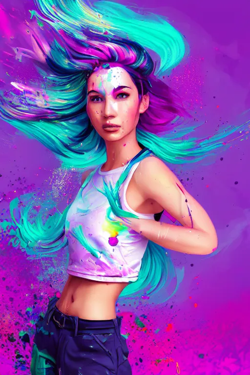 Image similar to a award winning half body porttrait of a beautiful woman in a croptop and cargo pants with ombre purple pink teal hairstyle with head in motion and hair flying, paint splashes, splatter, outrun, vaporware, shaded flat illustration, digital art, trending on artstation, highly detailed, fine detail, intricate