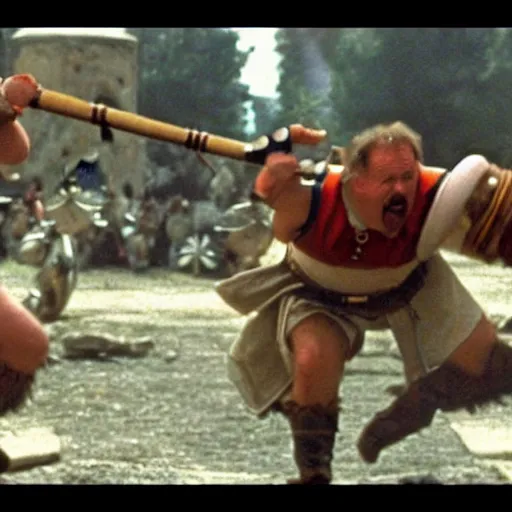 Image similar to Astérix and Obélix fighting roman soldiers in American Psycho (1999)