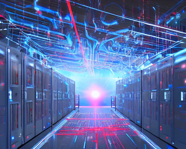 Image similar to datacenter with red laser trip - wire alarm system in the style of mission impossible, server in the middle, deep view, heavy blue led lights, wires connected, award winning, extremely detailed, artstation, 8 k, incredible art