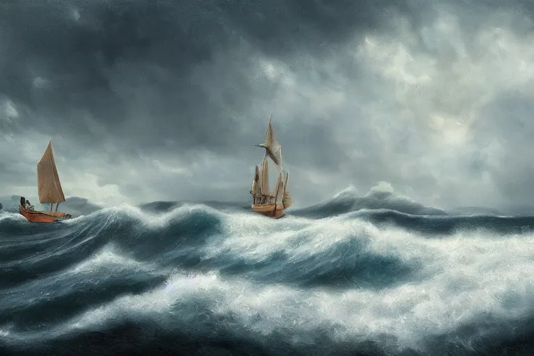 Prompt: a real photographic landscape painting with incomparable reality, super wide, ominous sky, sailing boat, wooden boat, lotus, huge waves, starry night, harry potter, volumetric lighting, clearing, realistic, james gurney, artstation