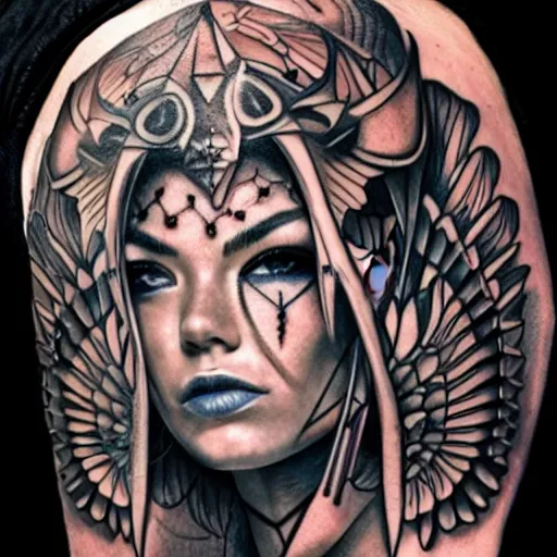 Image similar to tattoo design of a beautiful girl warrior face, hyper detailed, in the design of eliot kohek. white paper background
