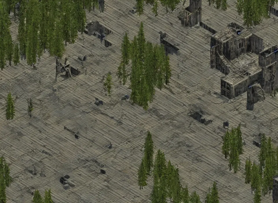 Prompt: Screenshot of the outside of an diseased pine forest in Fallout 2 (1998), isometric perspective, postapocalyptic, bird's eye view, prerendered isometric graphics, high quality