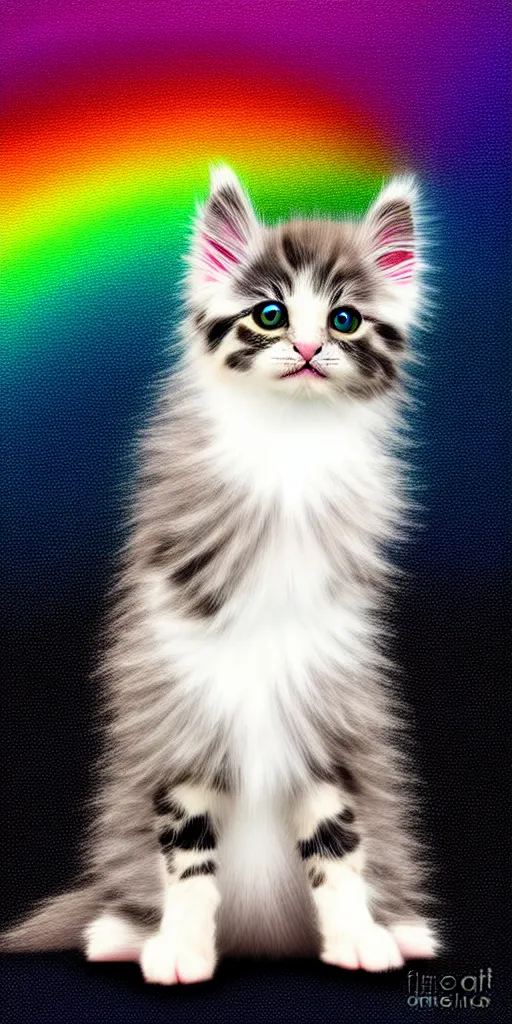 Image similar to cute fluffy rainbow kitten is sitting sweetly while wearing a black jacket, simple background, digital art,