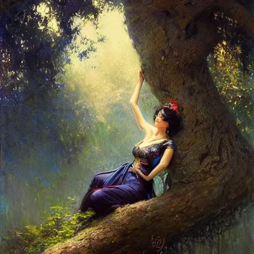 Image similar to portrait of a woman resting on a large tree, short black hair, decorative dark blue clothing, sharp focus, ultra realistic digital painting, colorful, cinematic lighting, high fantasy, intricate, highly detailed, smooth, elegant, gaston bussiere, bayard wu, greg rutkowski