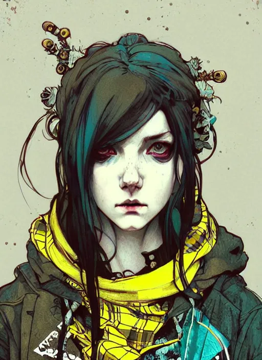 Image similar to highly detailed portrait of a moody sewerpunk young adult lady with a tartan hoody by krenz cushart, by artem demura, by alphonse mucha, by kaethe butcher, gradient yellow, black, brown and cyan color scheme, grunge aesthetic!!! ( ( graffiti tag city background ) )