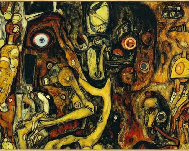 Image similar to a painting of a aliens and robots by graham sutherland, egon schiele, gustav klimt!, expressionism