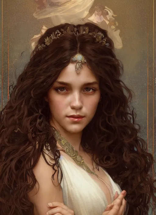 Image similar to medium-length portrait of a female princess with long curly hair and brown eyes, dark brown skin, happy expression, wears a beautiful flowing gown, medieval setting, highly detailed, digital painting, artstation, concept art, sharp focus, illustration, art by greg rutkowski and alphonse mucha