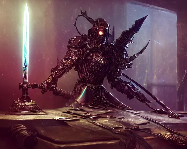Prompt: legendary glowing sword of cybernetic technology on a table, digital award winning hd matte painting, intimate dark moody, intricate, long sharp black and iridescent blade, ornate spikes, colorful hilt, detailed realistic, raytraced blade, colored gems, golden pommel, in the style of greg rutkowski and krenz cushart, trending on artstation and deviantart