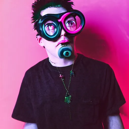 Image similar to kodak ektar 1 0 0 photograph of a nerdy goth guy with lip piercings wearing goggles and eclectic jewelry, moody lighting, telephoto, 9 0 s vibe, rave background, vaporwave colors, faded!,