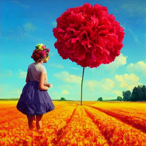 Image similar to girl with a giant carnation head, surreal photography, flower field, sunset dramatic light, impressionist painting, colorful clouds, blue sky, digital painting, artstation, simon stalenhag