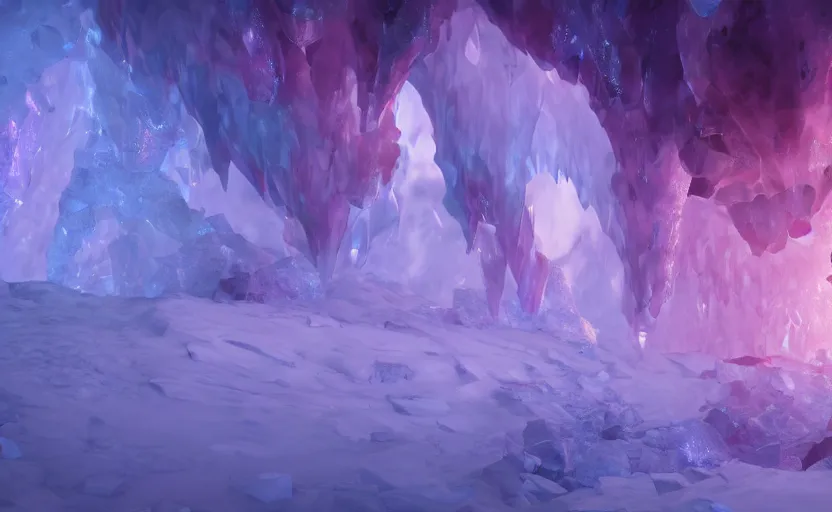 Prompt: poor kids drawing of an ice cavern matrix with purple goo tubing and ice crystals, octane render, ray - tracing, high contrast, detailed scene, subsurface - scattering, 4 k, high quality desktop wallpaper, trending on artstation