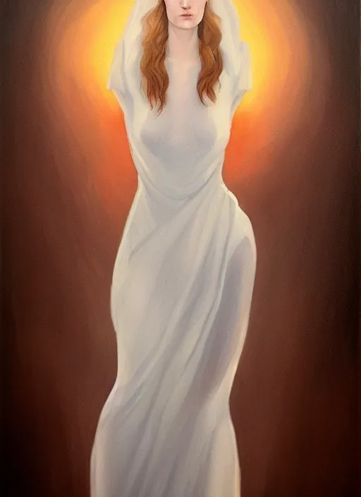 Prompt: goddess, Evan Rachel Wood, pale, holy, gorgeous, full body white dress, symmetrical face, high fantasy, concept art, warm lighting, painting