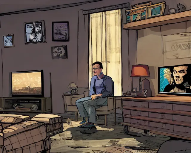 Image similar to a beautiful illustration of my friend mark kidd, playing fallout new vegas on the xbox 3 6 0 in his living room. the tv is the only light source, in the style of studio ghibli, artwork by studio ghibli, cinematic composition, anime