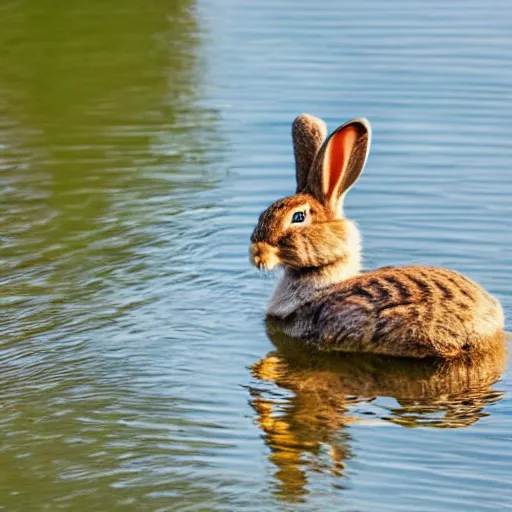 Prompt: high detailed photo of a rabbit relaxing at a nearby lake with a duck floating by.