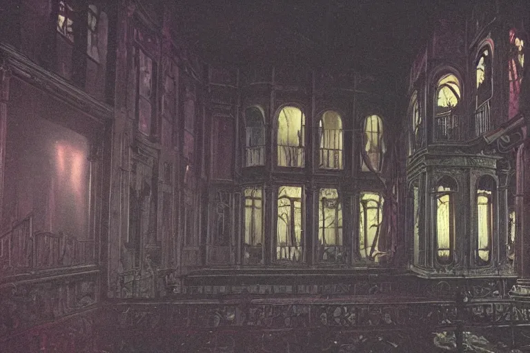 Image similar to full - color photo of the interior of a spooky haunted mansion at night. the interior architecture and layout are illogical, surreal, bizarre, complicated, and labyrinthine. there is a faintly - visible victorian ghost lurking.