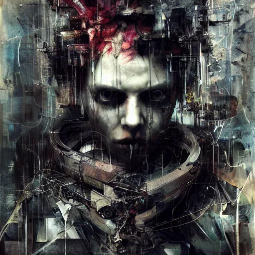 Image similar to cybernetic hunter, cyberpunk, wires, skulls, machines by emil melmoth zdzislaw belsinki craig mullins yoji shinkawa realistic render ominous detailed photo atmospheric by jeremy mann francis bacon and agnes cecile ink drips paint smears digital glitches glitchart