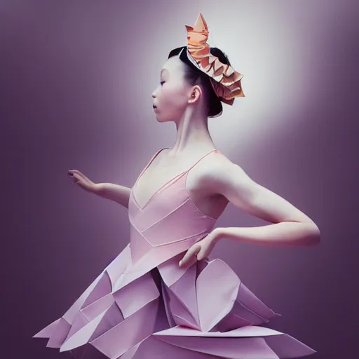 Image similar to 3 / 4 view of a ballerina girl wearing an origami dress, eye - level medium shot, elegant, by eiko ishioka, givenchy, by peter mohrbacher, centered, fresh colors, origami, fashion, detailed illustration, vogue, high depth of field, japanese, reallusion character creator