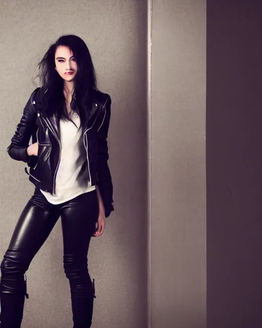 Prompt: young woman in her 20s, she wears a leather jacket and knee high boots, full body portrait, taken by a nikon, intricant, cinematic, wonderful dark hair