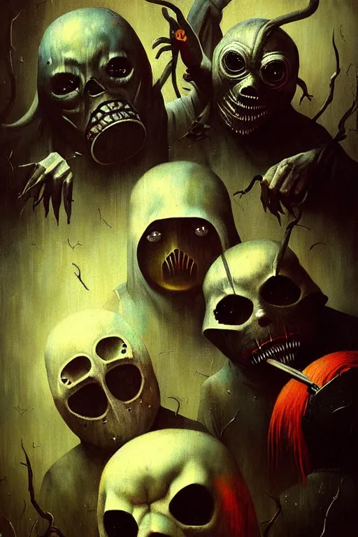 Image similar to hieronymus bosch, greg rutkowski, anna podedworna, painting of slipknot the band