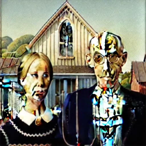 Prompt: american gothic but the man has a tabby cat face,