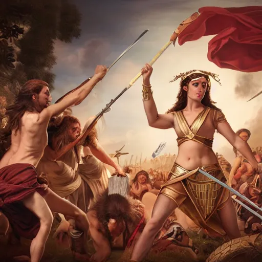 Image similar to Greek goddess Athena fighting with stupidity, stupidity is represented by horde of internet influencers, realistic person, spear in the right hand, long hair, detailed body and face, natural look, realistic photography, hyper realistic, Raphael Santi style, highly detailed, 4k, battle landscape, high quality image, couraging and atmospheric composition