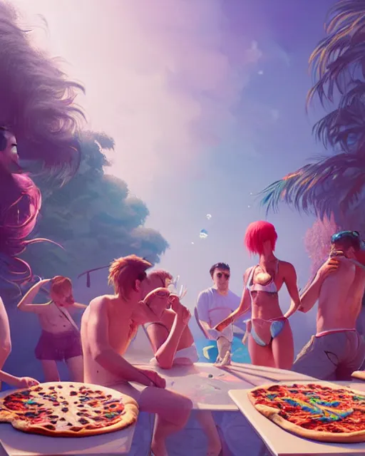 Image similar to highly detailed surreal vfx portrait of a pizza pool party, stephen bliss, unreal engine, greg rutkowski, loish, rhads, beeple, makoto shinkai and lois van baarle, ilya kuvshinov, rossdraws, tom bagshaw, global illumination, detailed and intricate environment