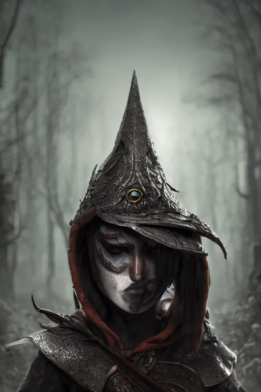 Image similar to highly detailed full body character art of a high fantasy cyclops sorceres eyes covered by a pointy mage hat, full body, highly detailed, photo realistic, dark fantasy atmosphere, foggy, 8 k, octane render, unreal engine