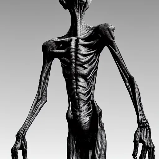 Image similar to photorealistic detailed tall skinny humanoid creature, extremly detailed, black and white, 8 k, realistic, sharp focus, cosmic horror creature, cosmic horror