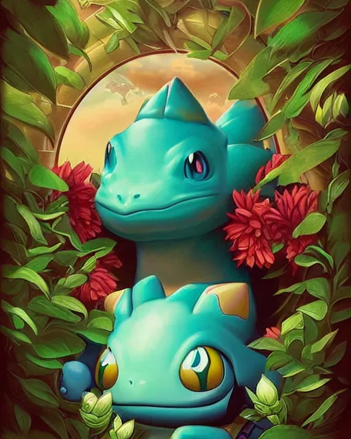 Image similar to Tom Bagshaw, Pokemon Bulbasaur portrait Pixar style by Tristan Eaton Artgerm