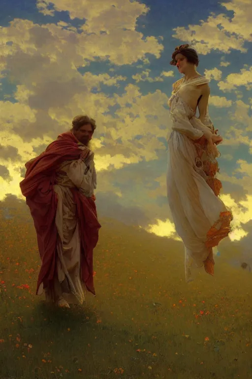 Image similar to nomans sky, Ilya repin, alphonse mucha, and Edmund Blair Leighton A meaningful painting in an symbolist style, oil on canvas, baroque, beautiful lighting, trending on Artstation, Highly detailed