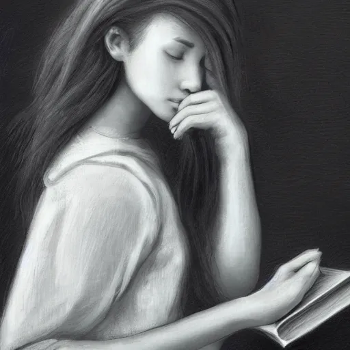 Image similar to a girl reading book, hair flowing down, contrast, dramatic, by Noel Coypel