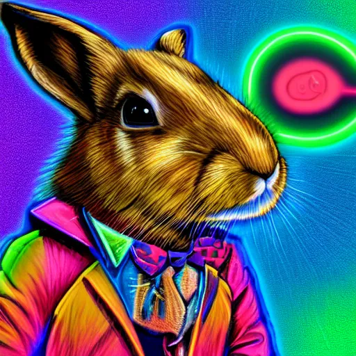 Prompt: portrait of rabbit with UV neon fur holding a machine gun , 8k, highly detailed, sharp, realistic, in style of Lisa Frank, Artstation, deviantart