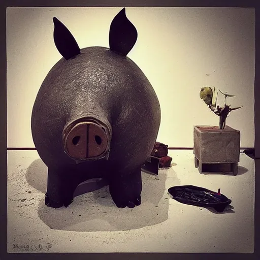 Image similar to “ a pig sculpture work in progress in an artist ’ s studio, mixed materials ”