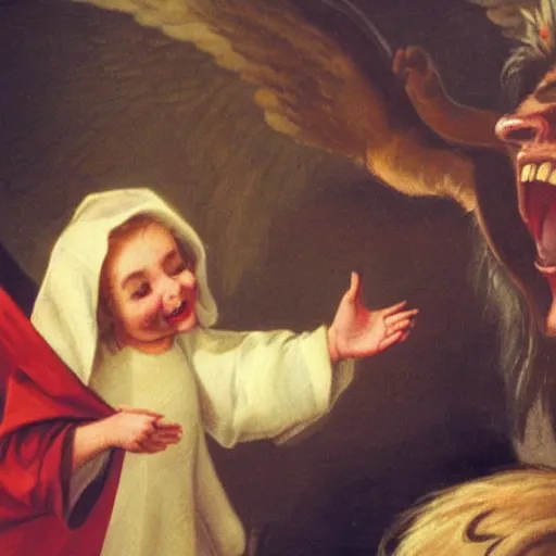 Image similar to an angel laughing at a devils joke