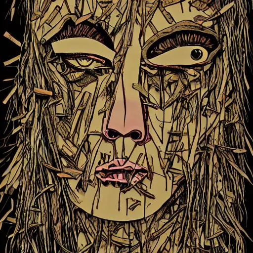 Image similar to face shredded like paper, dark horror, surreal, illustration, by ally burke