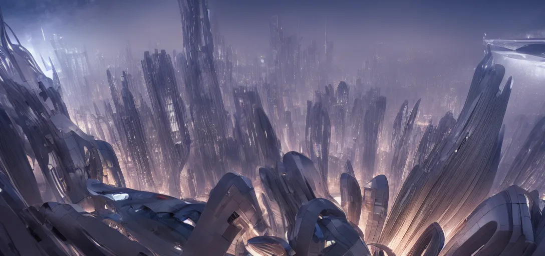 Image similar to dramatic view of a futuristic utopian city designed by frank gehry and zaha hadid, cinematic lighting, ultra detailed, sharp, ambient occlusion, raytracing, by greg rutowski, paul chadeisson and jessica rossier