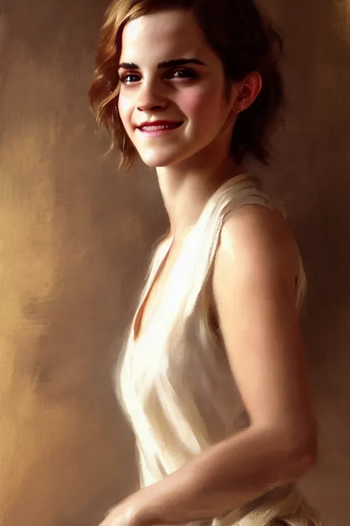 Image similar to emma watson smiling gathered faille v - neck detailed portrait painting by gaston bussiere craig mullins j. c. leyendecker photograph photorealsitic octane render